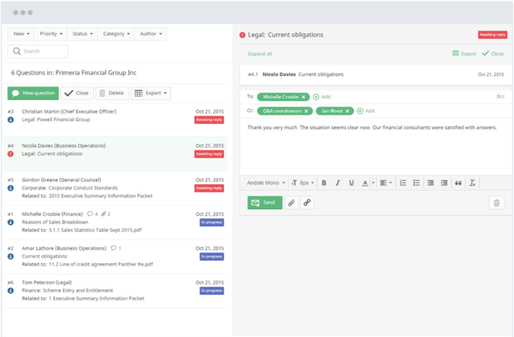 Investor data room interface